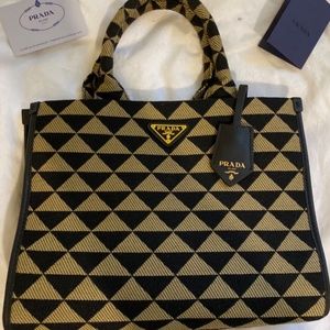 Prada Symbole Black and Tan Embroidered Fabric Small Tote Bag